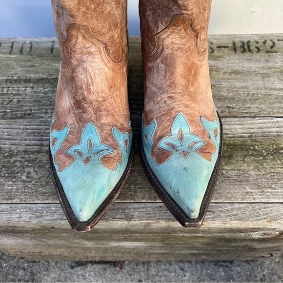 Old Gringo weathered tan and Robbins egg blue overlay point toe cowgirl boots 7B - Picture 2 of 10